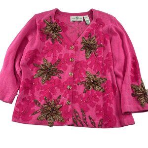 Design Options Philip & Jane Gordon Pink Floral Embroidered‎ Cardigan Sz Large